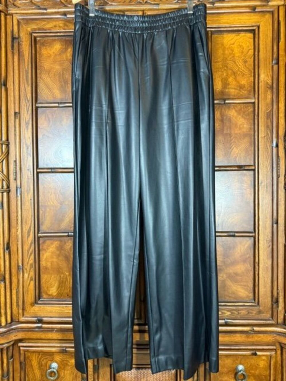 Express Black Front Stitched Seam Faux Lambskin Leather Wide Leg Pant Sz L